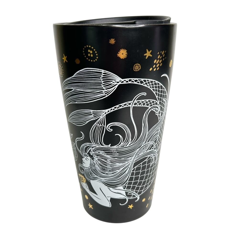 Starbucks 2019 Black Mermaid Ceramic Travel Cup Tumbler White Gold Accents